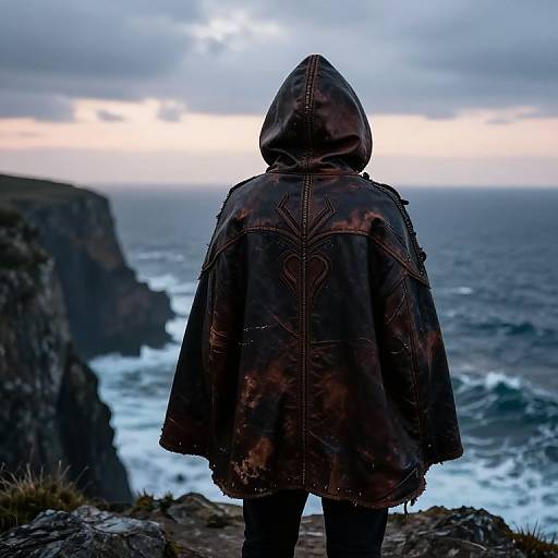 Worn Leather Hooded Cape on Cliffs