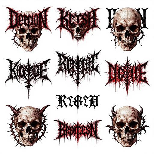 Digital artwork of eight skulls with black and red graffiti-style text, arranged in two rows, against a white background.