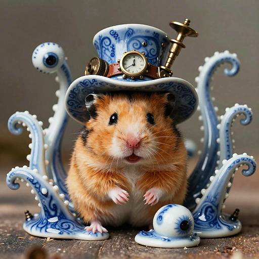 Photograph of an adorable, orange and white hamster wearing a blue and white ornate teacup hat with a clock and steampunk gear