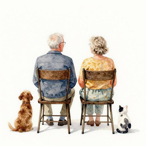 Watercolor illustration of elderly couple with white hair, sitting back-to-back on wooden chairs, accompanied by brown dog and black-and-white cat.