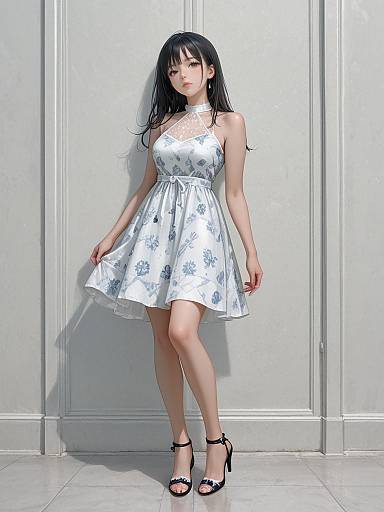 Woman in Blue and White Paisley Summer Dress