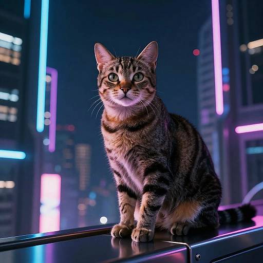 Tabby Cat in Cyberpunk Cityscape