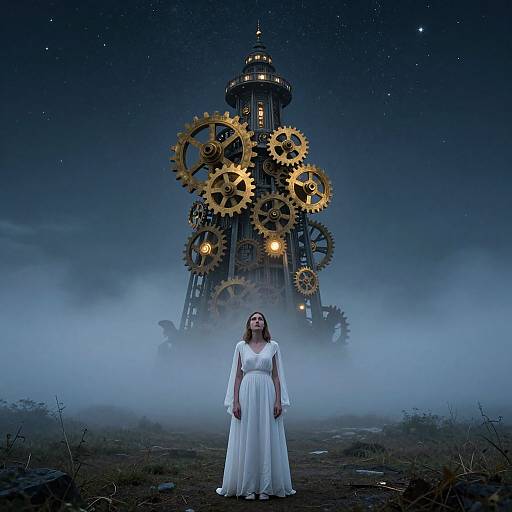 Photograph of a woman in a white, long-sleeved, flowing dress standing before a towering, steampunk-inspired clock tower with large golden