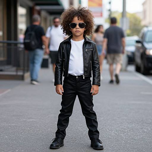 Photograph of a young boy with curly hair, wearing black leather jacket, white t-shirt, black pants, and sunglasses, standing confidently on a city