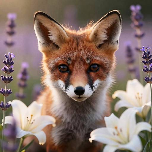 Hyperrealistic Baby Fox in Lavender Meadow