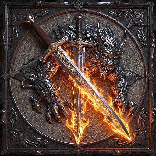 Photograph of a flaming sword with intricate medieval dragon designs, encircled by a textured, ornate metallic frame, creating a fiery, dramatic effect