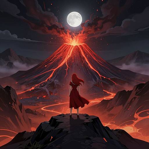 Digital anime-style artwork of a red-haired girl in a flowing dress standing on a rock, facing a fiery erupting volcano under a full moon. Bright