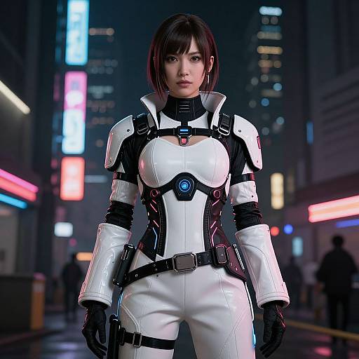 CGI image of an Asian woman in a futuristic white and black armored suit, standing in a neon-lit city street at night. She has a