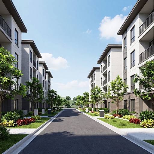 Photograph of a sunny, empty, modern apartment complex with gray and white buildings, trees, and colorful gardens lining a central asphalt path.