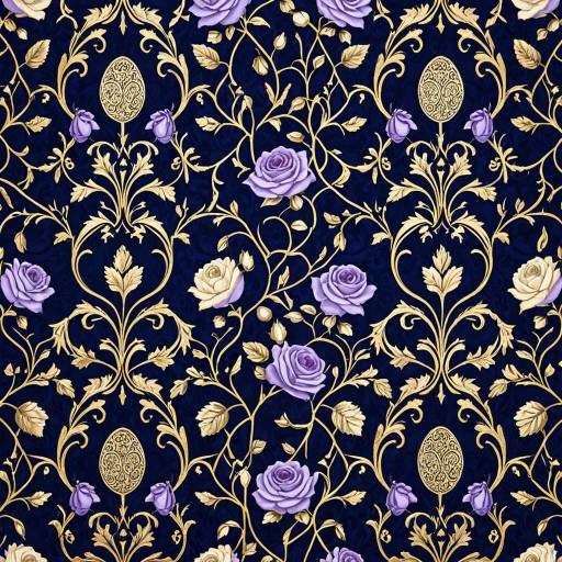 Royal Blue Wallpaper with Arabesque Vines and Lilac Roses