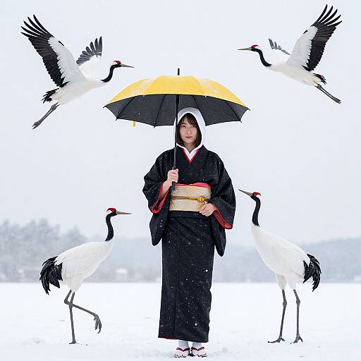 Woman in White Kimono with Cranes