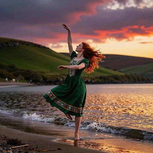 Photograph of a red-haired woman in a green dress with embroidered trim, dancing on a beach at sunset, with colorful clouds and gentle waves in the