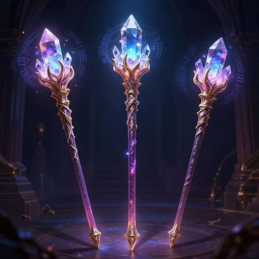 CGI image of three glowing, ornate crystal staffs with blue and purple flames, intricately twisted golden handles, standing in a dark, mystical