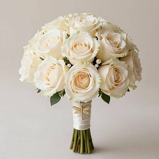 Photograph of a elegant bouquet featuring white roses with soft petals, wrapped in white ribbon and adorned with a gold accent.