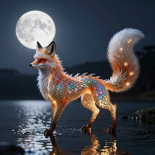 Digital artwork of a luminous, fox-like creature with glowing, iridescent scales standing in a moonlit, reflective water body.