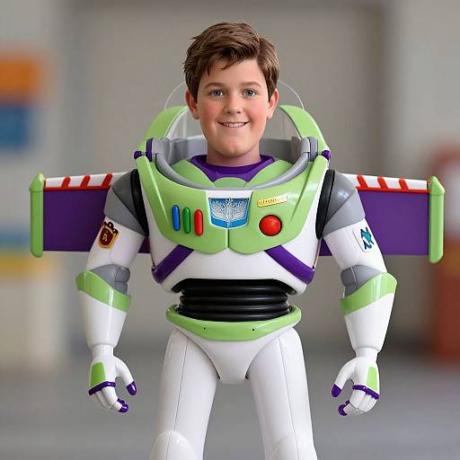 CGI image of a smiling young boy in a colorful astronaut suit with green, white, and purple accents, standing indoors.