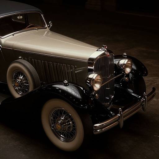 Photograph of a classic black and silver vintage car with whitewall tires, shining chrome grille, and dual headlights, illuminated against a dark background.