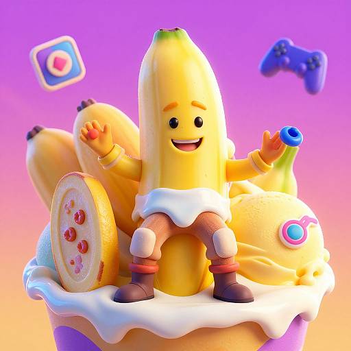 CGI cartoon banana character with smiling face, yellow skin, and arms, sitting on a dessert, surrounded by bananas and game controller.