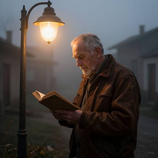 Old Man Reading Under Streetlamp