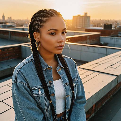 Young Woman with Box Braids on Rooftop at Sunset