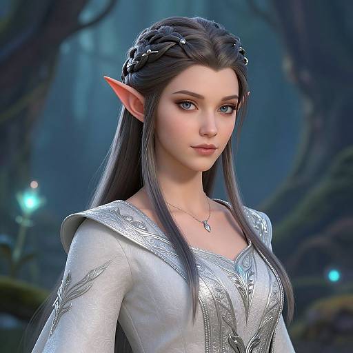 Digital artwork of a beautiful elf woman with long black hair, braided crown, pointed ears, silver dress, and pendant, in a mystical forest.
