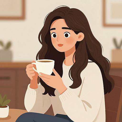 Digital illustration of a young woman with long brown hair, white sweater, and blue pants, holding a white cup, sitting at a table in a cozy