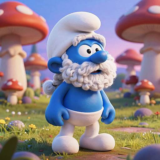 CGI cartoon blue character with white beard, hat, and shoes, standing in a colorful mushroom forest with large red and white mushrooms.