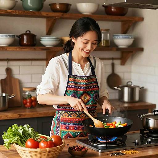 Smiling Asian Woman Cooking in Rustic Kitchen