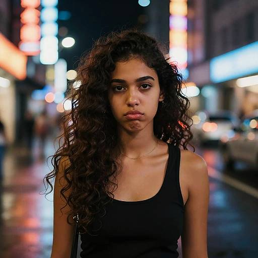 Photograph of a young woman with long curly black hair, wearing a black tank top, standing in a neon-lit urban street at night, with