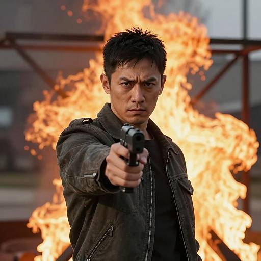 Intense Asian Man Amidst Fiery Background