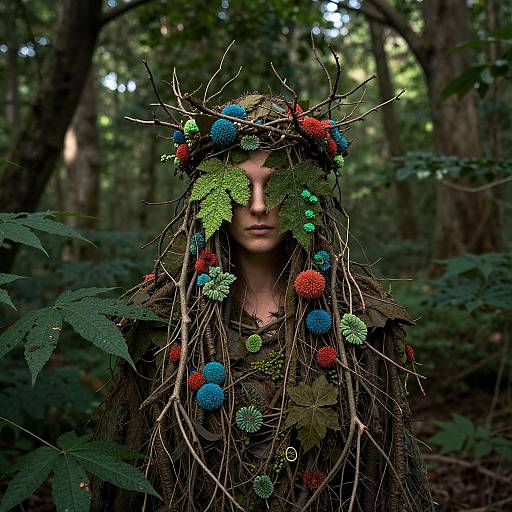 Photograph of a woman in a forest, wearing a crown and cloak made of twigs, leaves, and colorful pom-poms, blending into the