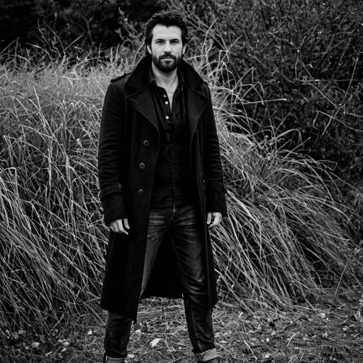 Rugged Male Model in Dark Coat Outdoors