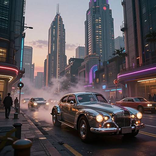Neon-lit urban street at dusk, a sleek black Rolls-Royce with glowing headlights driving through mist, surrounded by towering skyscrapers and