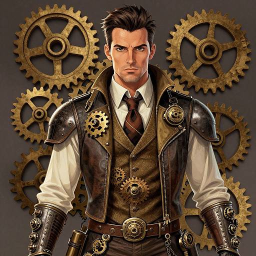 Steampunk-style digital artwork of a stern, dark-haired man with gears and brass armor, white shirt, brown vest, and tie, standing against