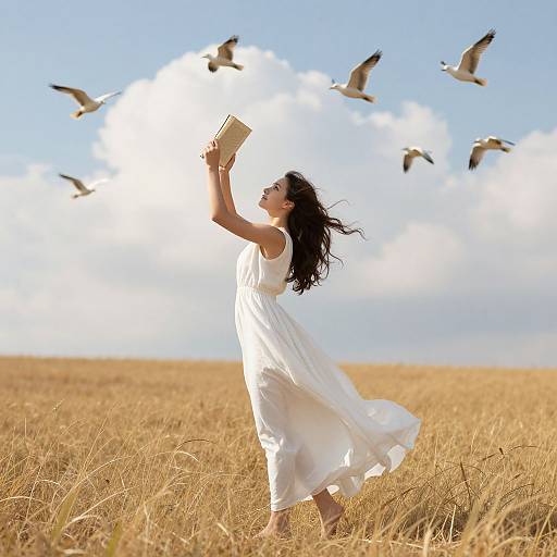 Photograph of a woman in a flowing white dress, holding a book, standing in a golden field with birds flying against a bright blue sky.
