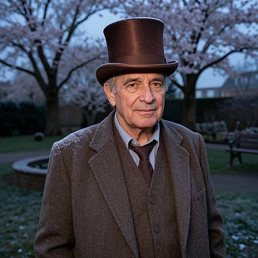 Photograph of an elderly man with a fair complexion, wearing a black top hat, gray tweed suit, and black tie, standing outdoors in a
