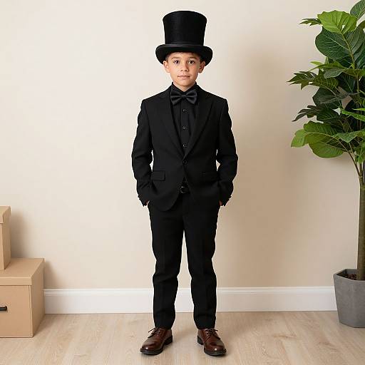 Photograph of a young boy in a black tuxedo, top hat, and brown shoes, standing with hands in pockets, beside a potted
