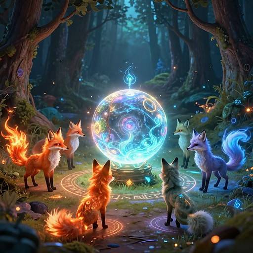 Digital art of glowing foxes with fiery and icy tails surrounding a luminous, blue orb in a mystical forest.