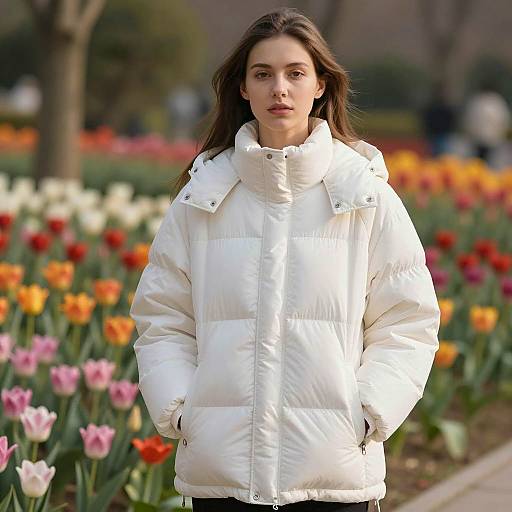 Young Woman in White Puffer Coat in Flower Garden