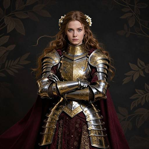 Photorealistic digital artwork of a serious young woman with long brown hair, wearing ornate gold armor and a dark red cape, against a dark floral