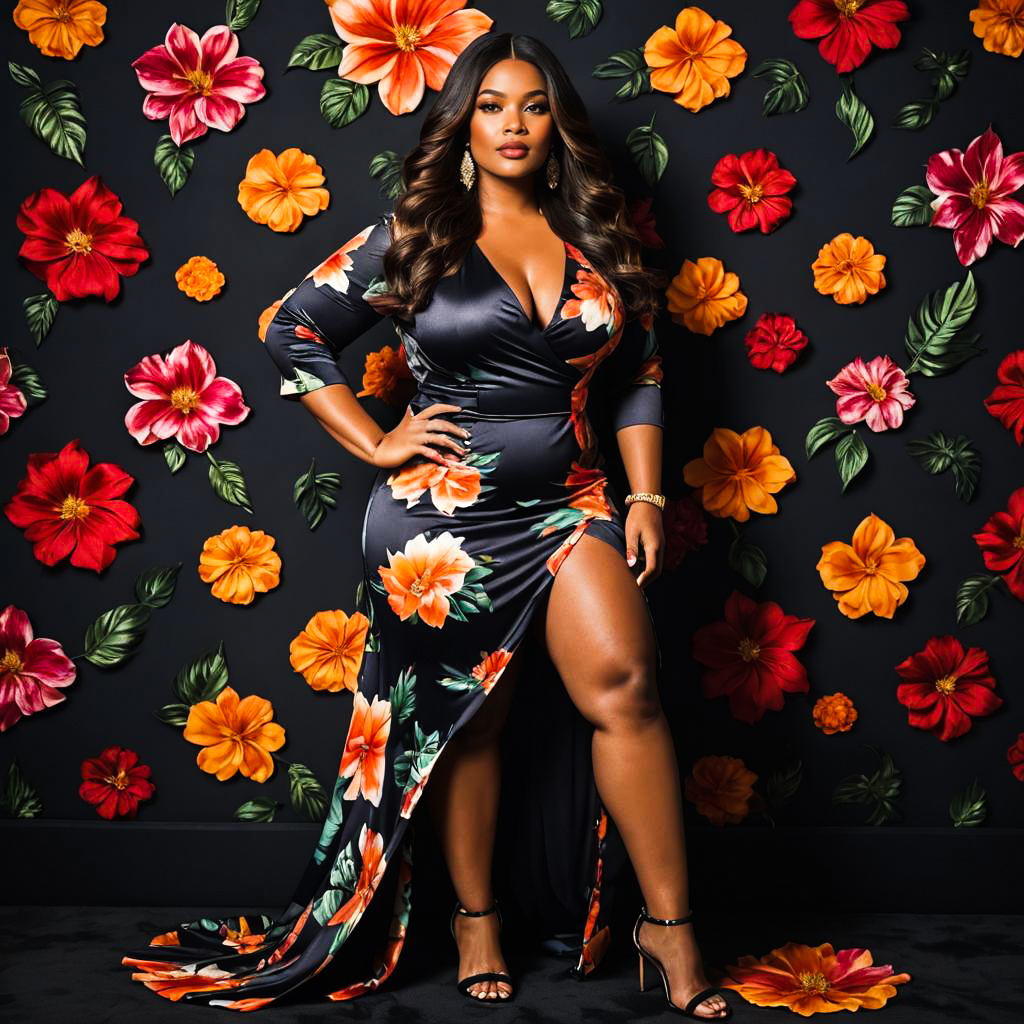 Glamorous Woman in Vibrant Floral Dress