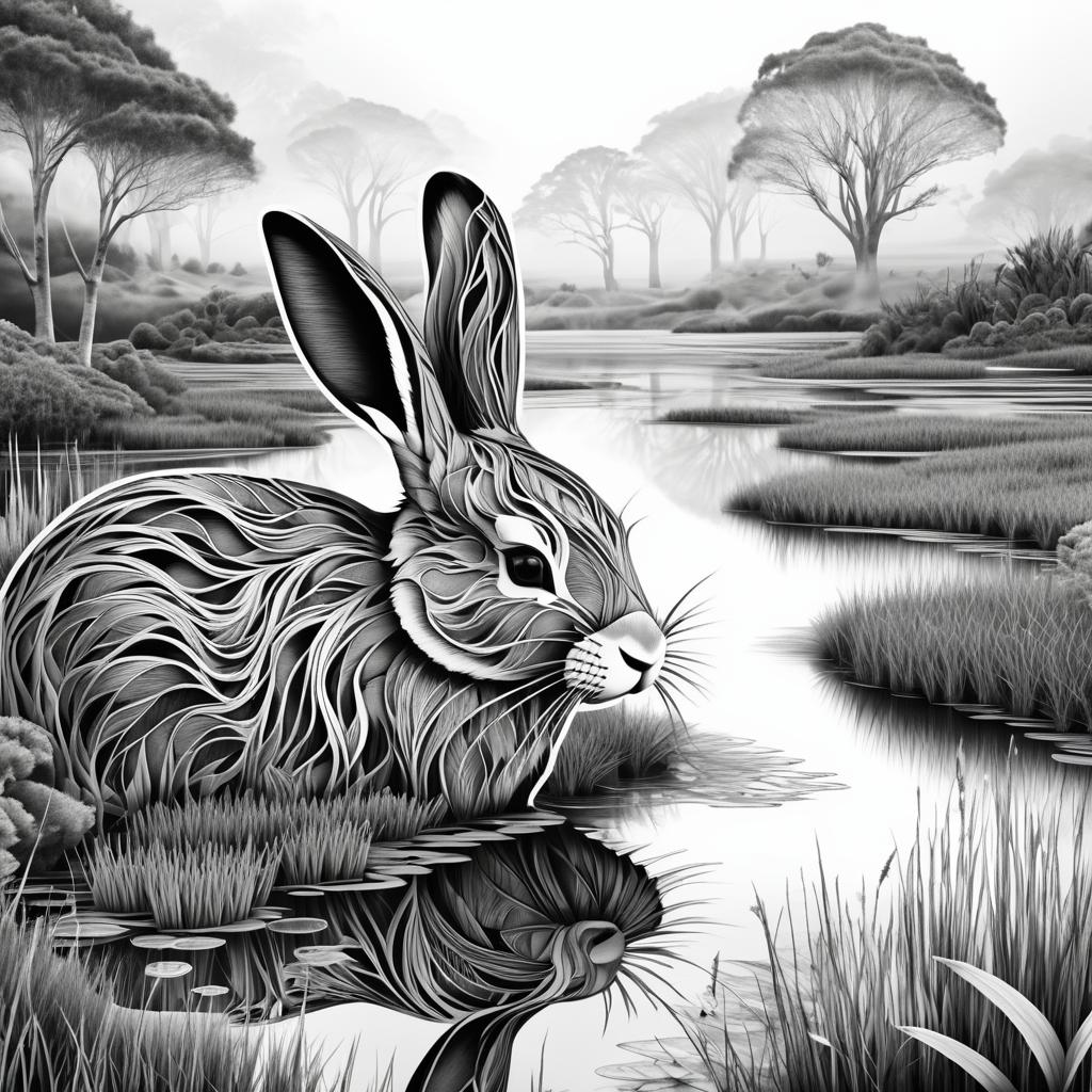 Surreal Rabbit Sketch with Wetland Landscape