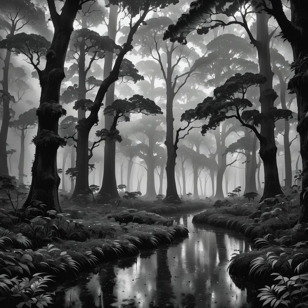 Serene Ancient Oak Forest in Monochrome