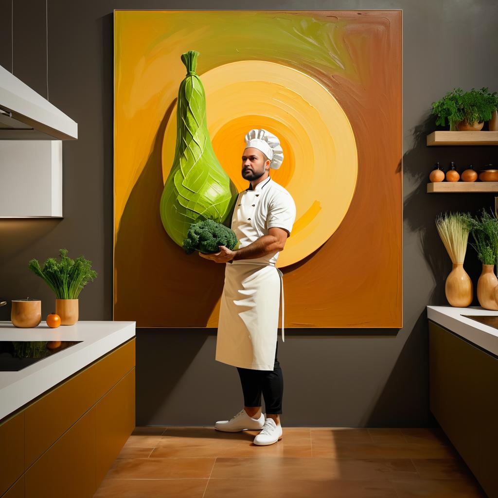 Chef and Giant Vegetable in Abstract Kitchen