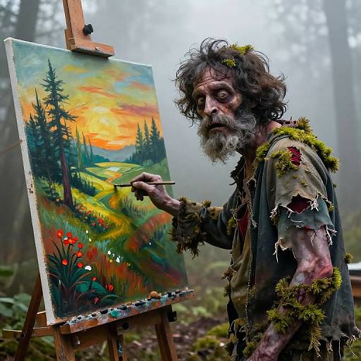 Photograph of a wild, bearded man with tattered, moss-covered clothes painting a vibrant forest sunset on an easel in a foggy forest