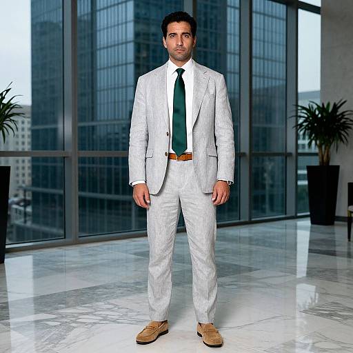 Photograph of a dark-haired man in a white pinstripe suit, black tie, brown belt, and tan shoes, standing in a modern office