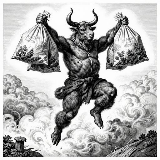 Black-and-white ink drawing of a muscular, horned, anthropomorphic bull with fur, flying mid-air, carrying two flower-patterned bags, amidst