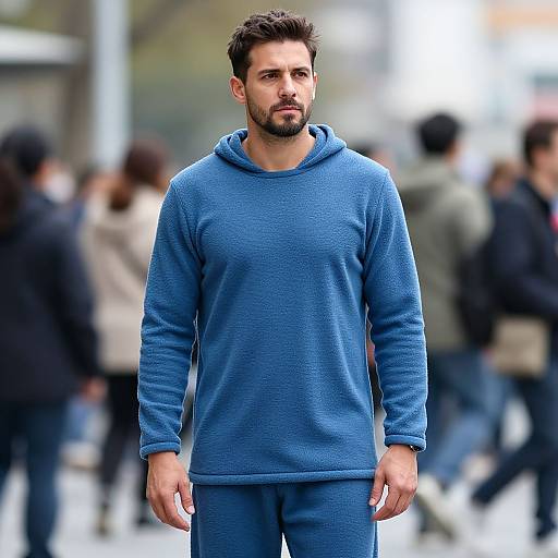 Photograph of a handsome bearded man with short dark hair, wearing a blue hoodie and matching pants, standing in a blurred, busy urban street.
