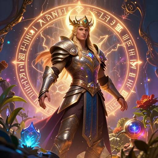Digital fantasy artwork of a muscular, long-haired man in ornate, glowing armor with a crown, standing before a radiant, circular, neon-lit
