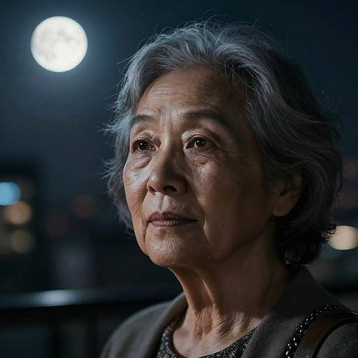 Photograph of an elderly Asian woman with gray, wavy hair, looking thoughtfully to the side under a bright, circular light in a dark,